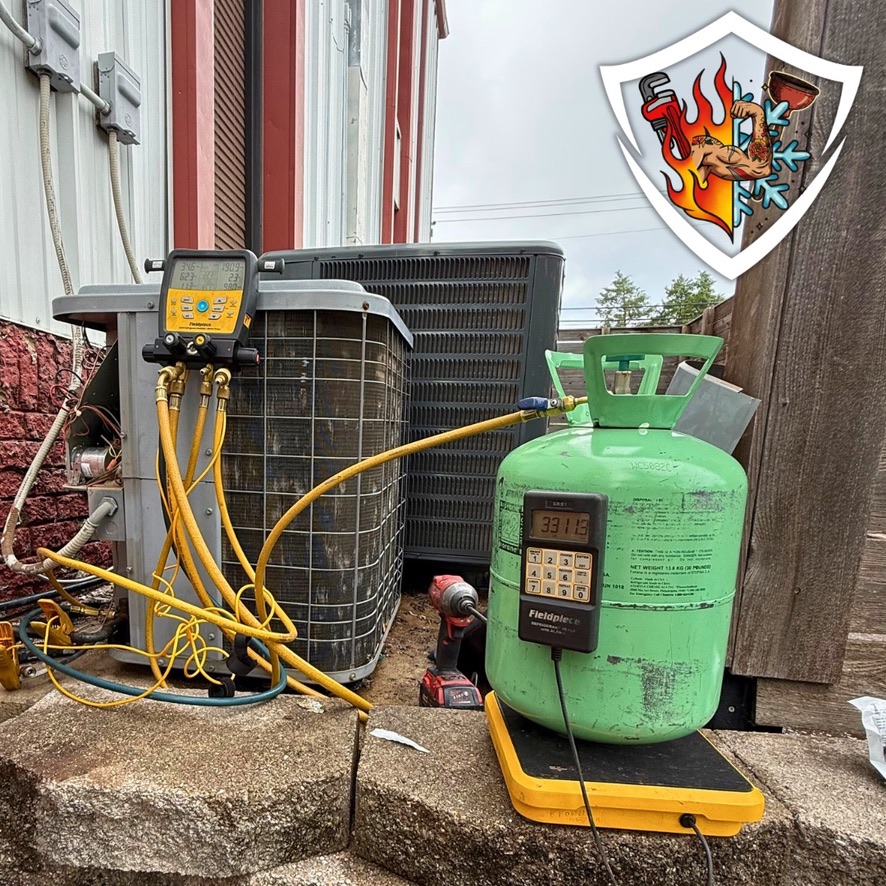 TradeStrong technician checking AC refrigerant charge with gauges and a digital scale