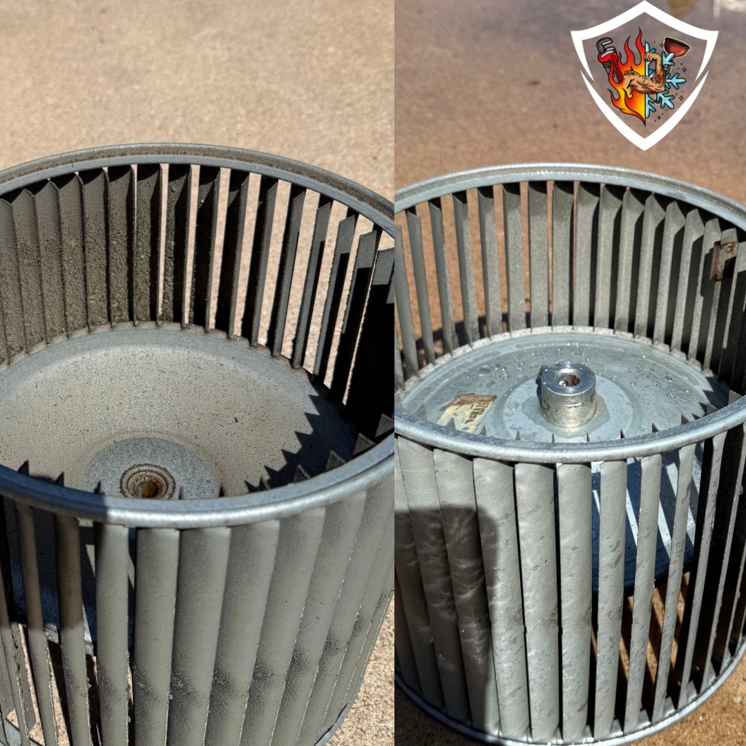 Dirty blower wheel before cleaning and restored blower wheel after HVAC maintenance by TradeStrong