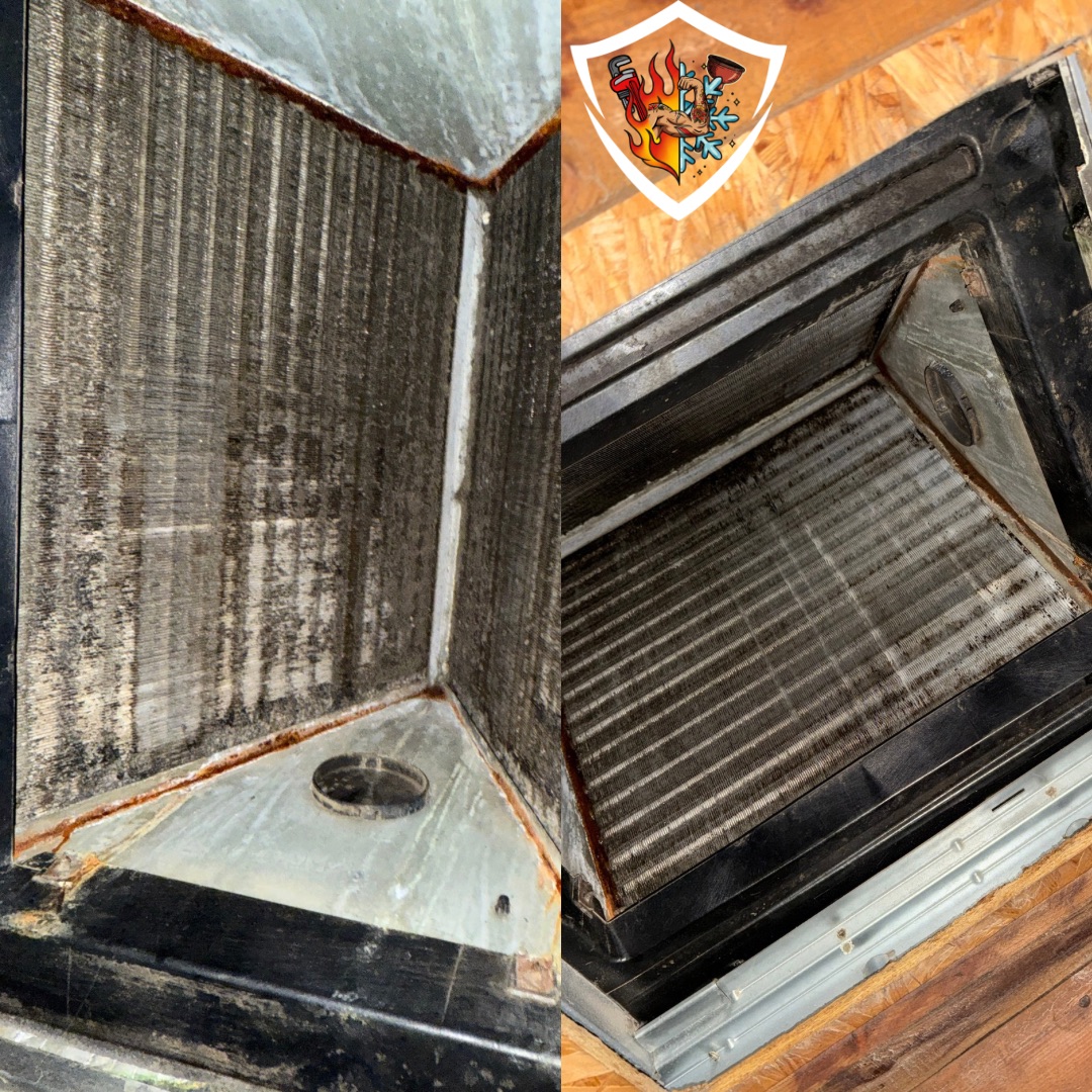 Dirty evaporator coil before cleaning and cleaner coil after HVAC maintenance by TradeStrong