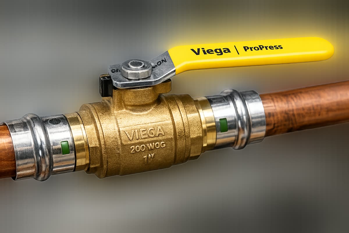Ball valve with a yellow lever handle on copper pipe