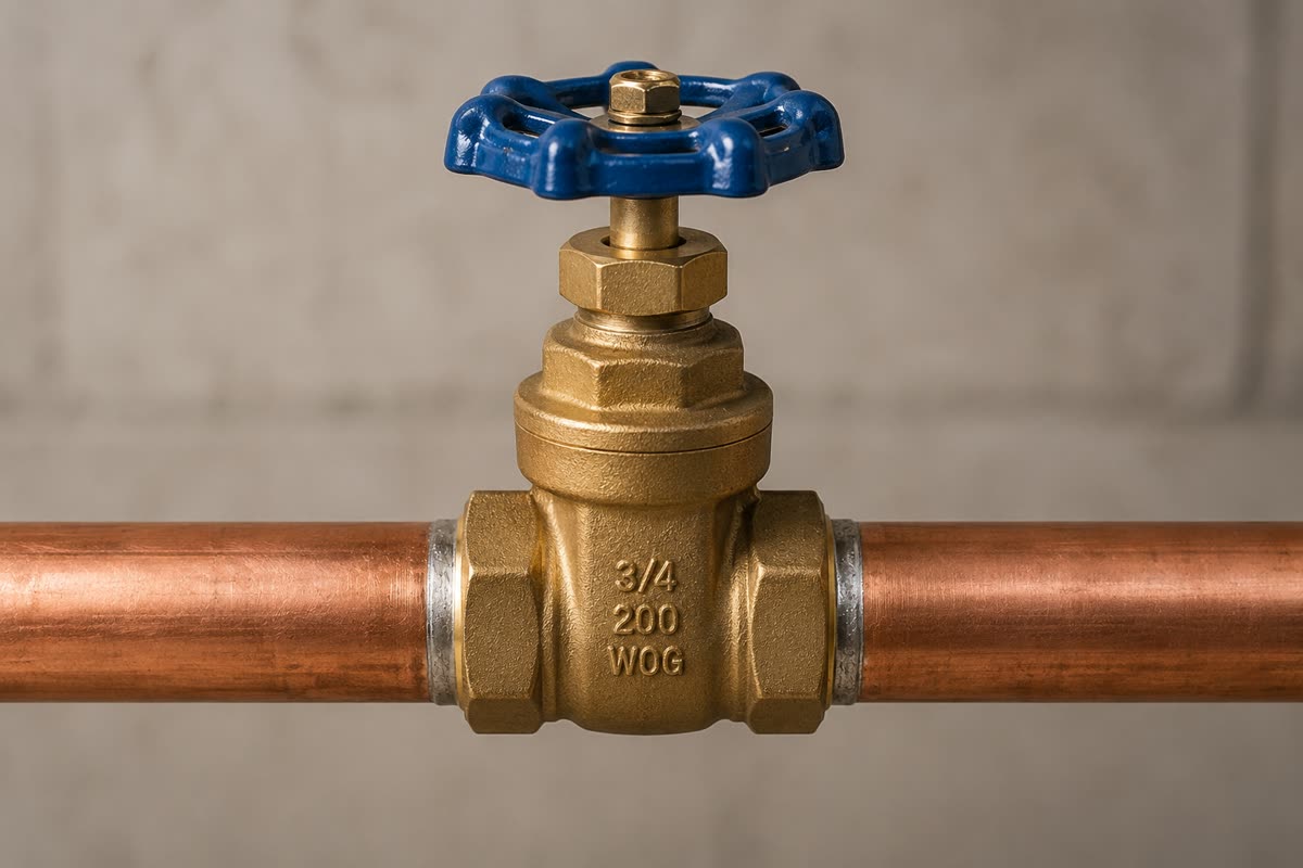 Gate valve with a blue round handle on copper pipe