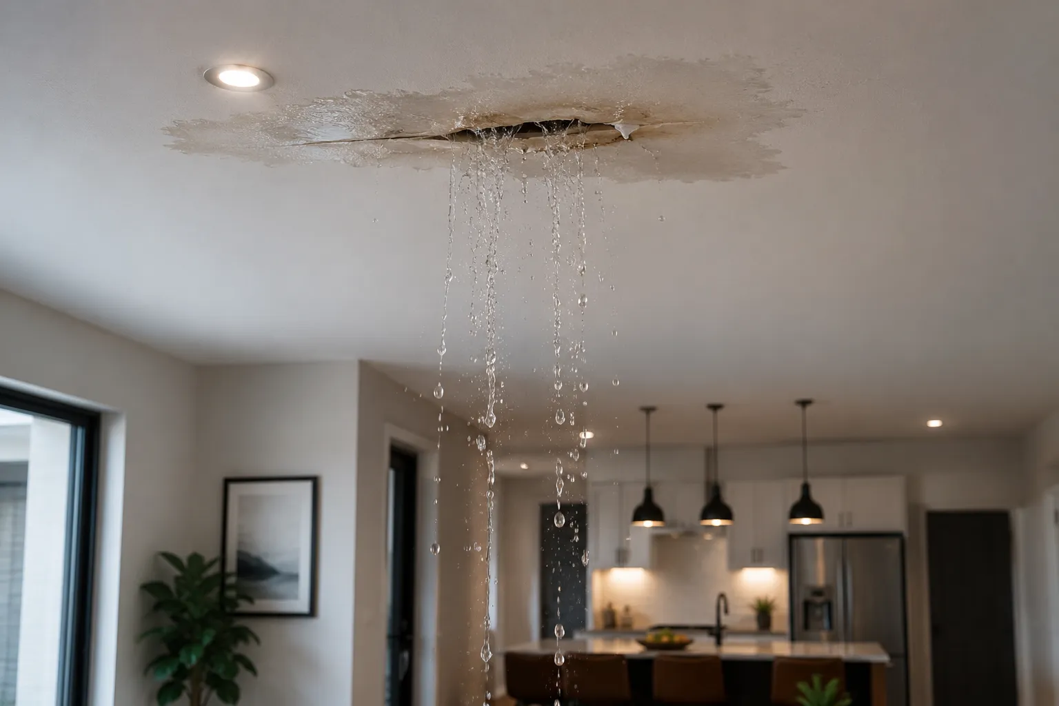 Water leaking from ceiling in a modern home needing leak detection and repair in OKC
