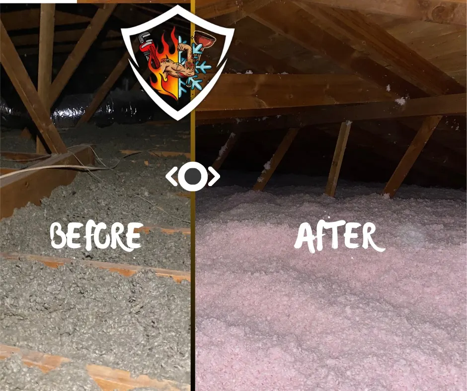 Before and after blown-in attic insulation installed by TradeStrong in Mustang