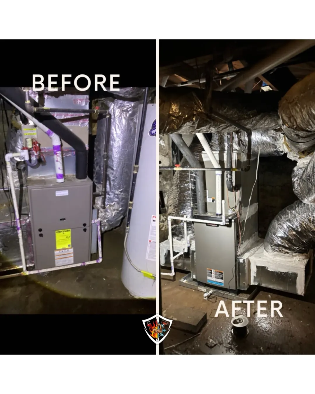 Before and after high efficiency HVAC installation in a Norman basement