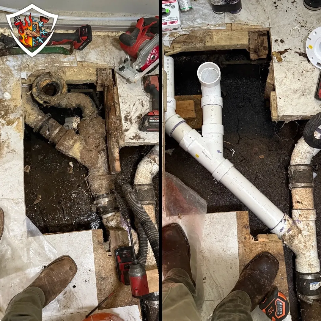 Before and after exposed sewer leak repair by TradeStrong in Oklahoma City